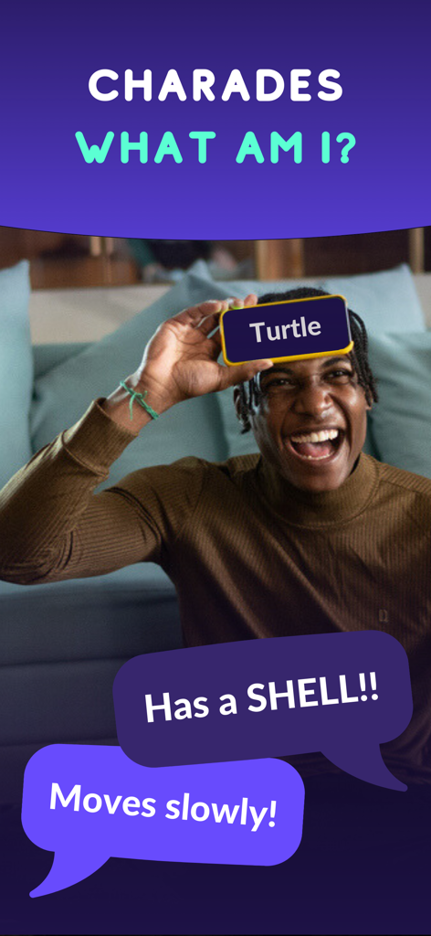 Charades : What am i - Man laughing while playing charades guessing game with phone on forehead