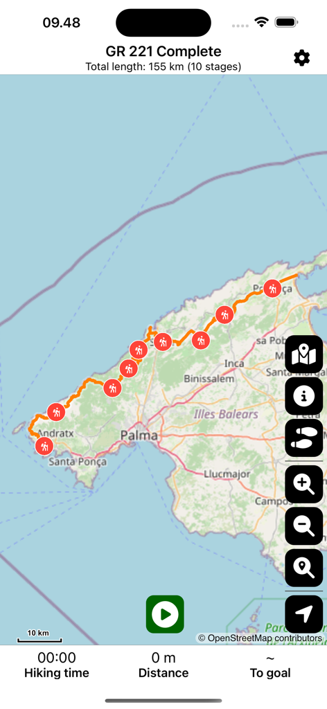 Complete 155 kilometer GR 221 hiking trail route map across Mallorca