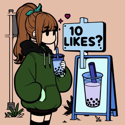 girl with oversized hoodie drinking boba and she has a high ponytail with a sign that says 10likes?