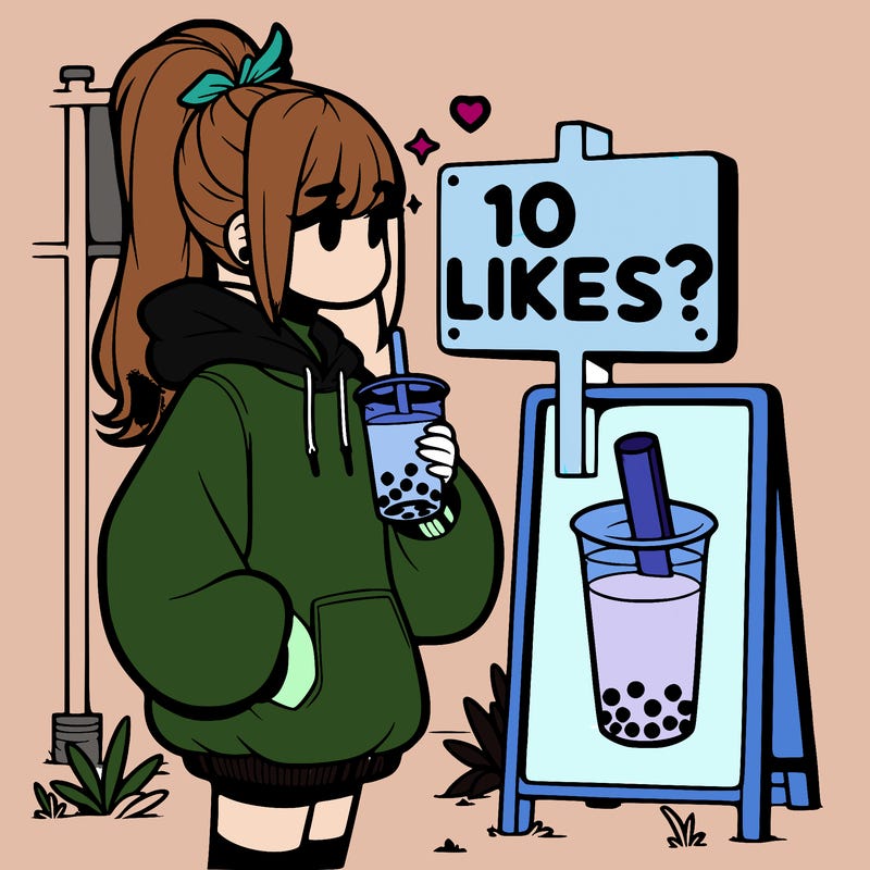 girl with oversized hoodie drinking boba and she has a high ponytail with a sign that says 10likes?