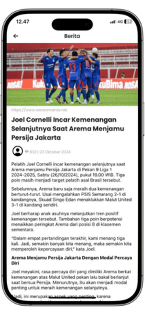 Aremania Utas - Screenshot of the Aremania Utas app displaying a news article about Arema FC soccer club and coach Joel Cornelli