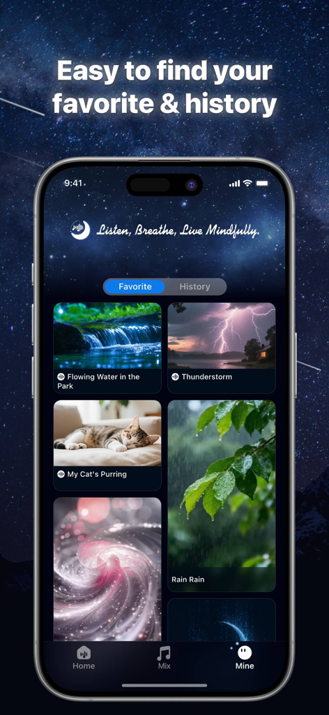 Sleep Sound: Relax White Noise - Smartphone screen showing the Sleep Sound app favorite sounds library with options for water, thunderstorms, and cat purring sounds.