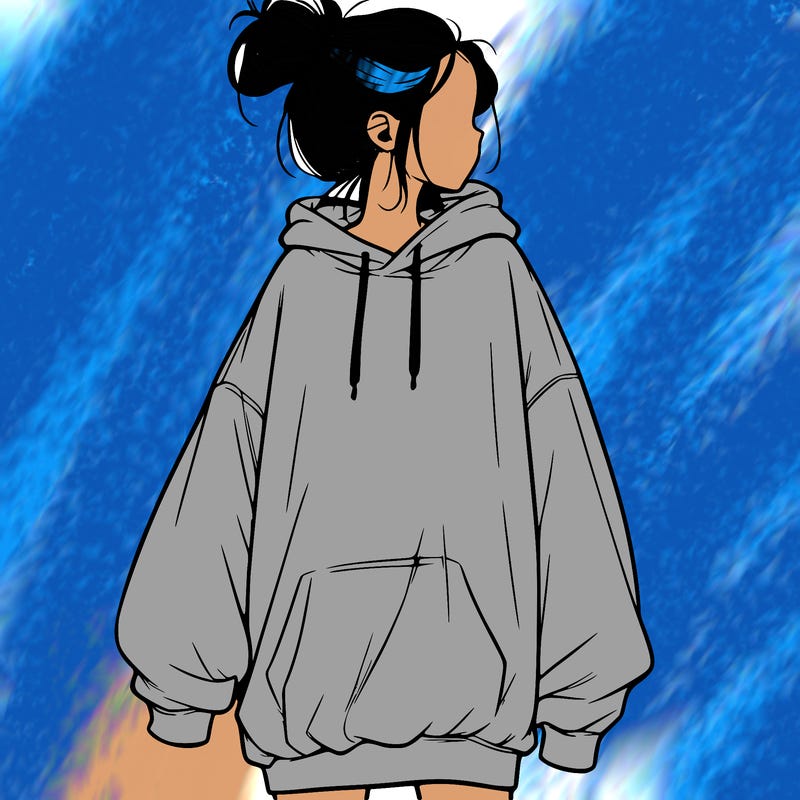 realistic girl with a oversized sweatshirt on and a bun