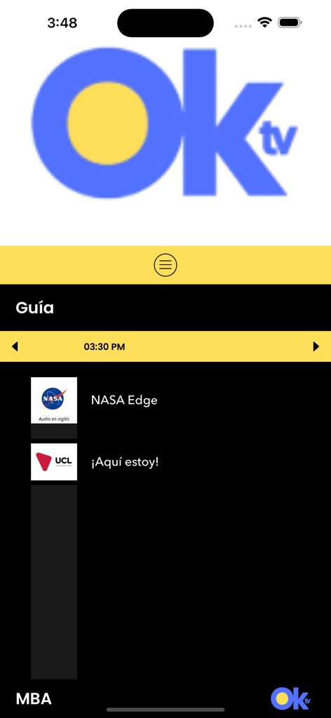 OKtv - OKtv app interface displaying a television program guide with NASA Edge and UCL channel listings