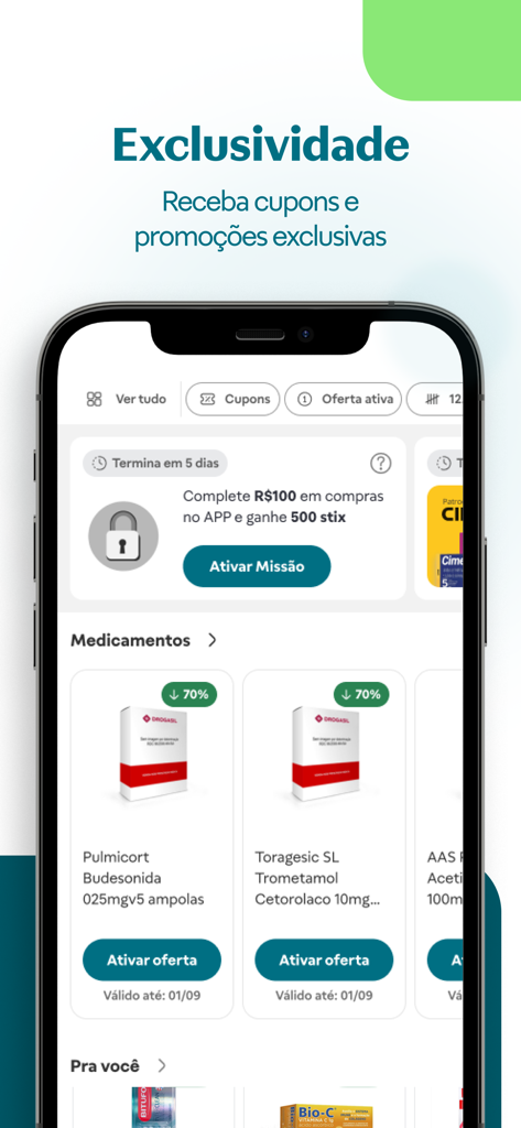 Raia - Farmácia 24 horas - Raia pharmacy app interface showing exclusive offers and medication discounts