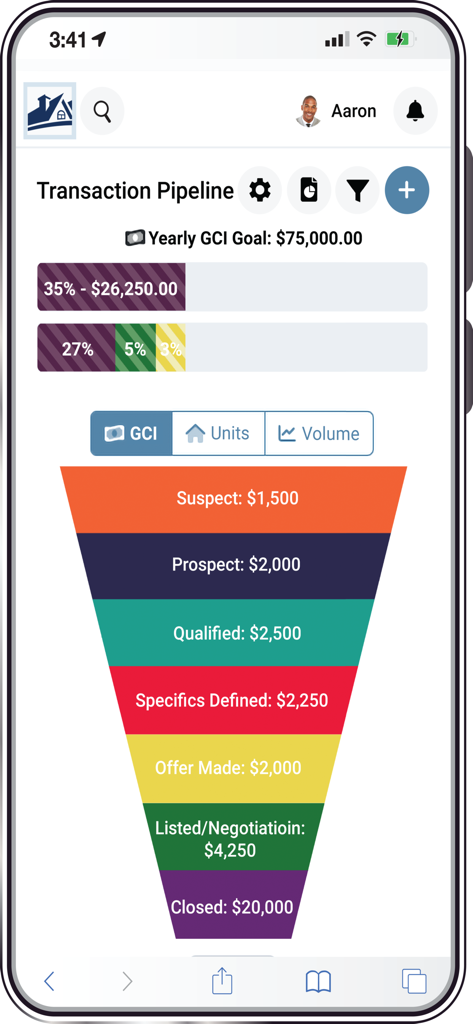 Pipeline de transações do aplicativo móvel DeltaNET mostrando um funil de vendas com metas de GCI e estágios de leads para agentes imobiliários.