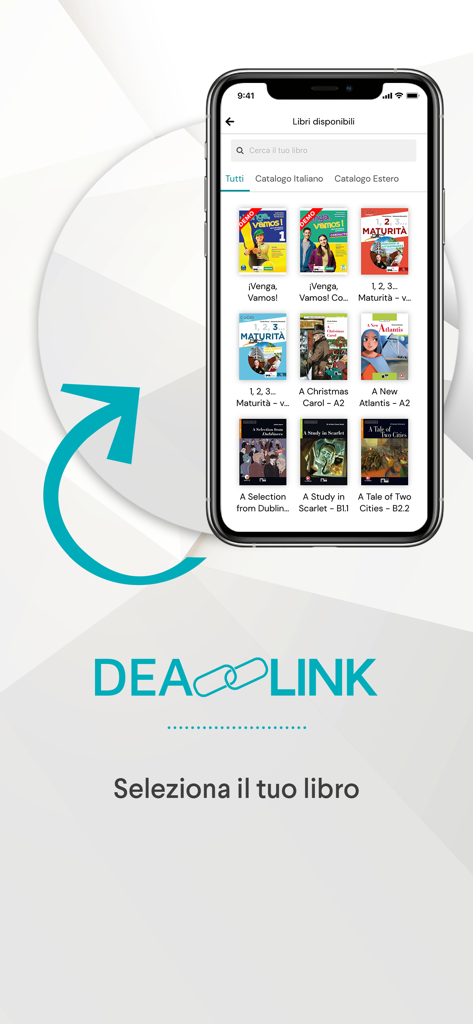 Smartphone screen showing the DeA Link app with a catalog of available digital textbooks