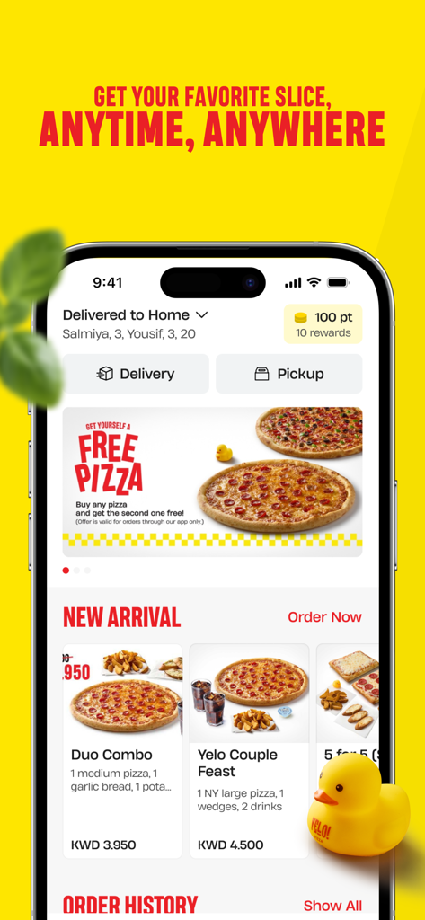 Yelo Pizza - Pantalla de inicio de la aplicación móvil Yelo Pizza que muestra opciones de entrega y ofertas exclusivas de pizza.