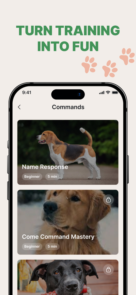 Screenshot of a dog training app showing various training modules like Name Response and Come Command Mastery.