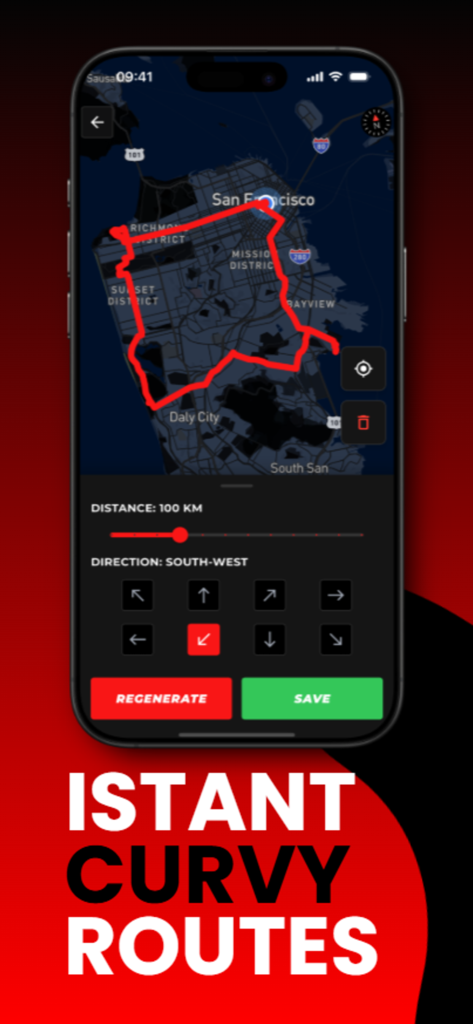 Interface do aplicativo DriveGo mostrando uma rota sinuosa gerada em um mapa de São Francisco com configurações de distância e direção