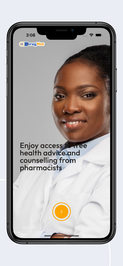 DrugNet app onboarding screen showing a professional pharmacist offering free health advice and counseling