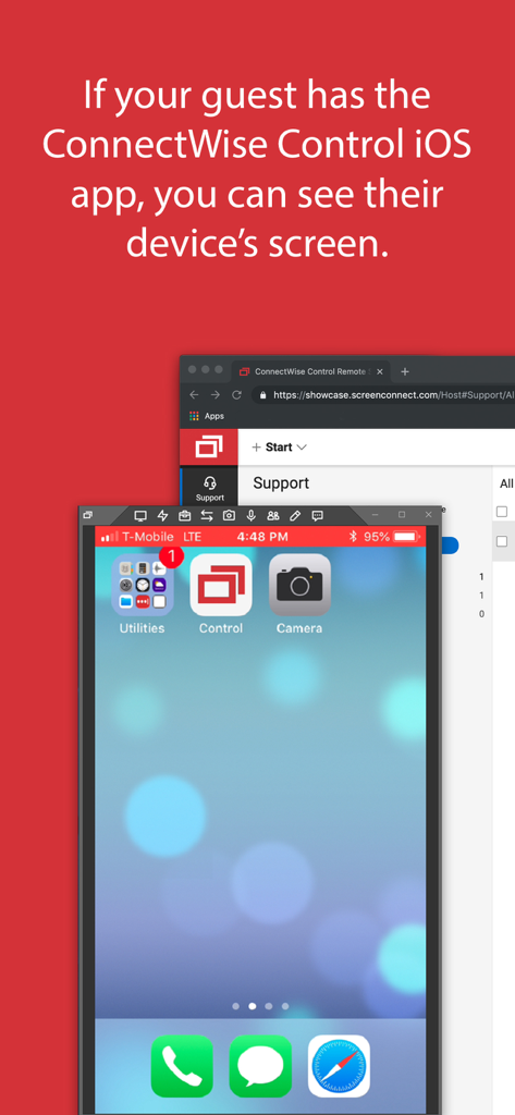 A desktop interface displaying a remote iPhone screen using ConnectWise Control for mobile support