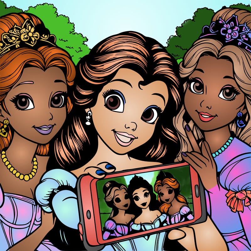 fairytale princesses who take a selfie together realistic