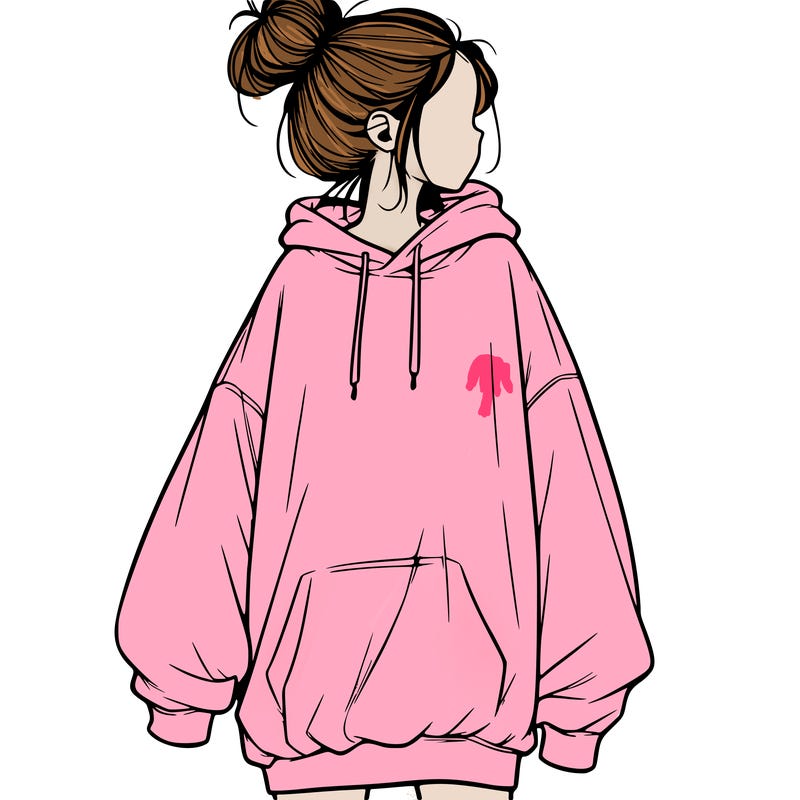 realistic girl with a oversized sweatshirt on and a bun