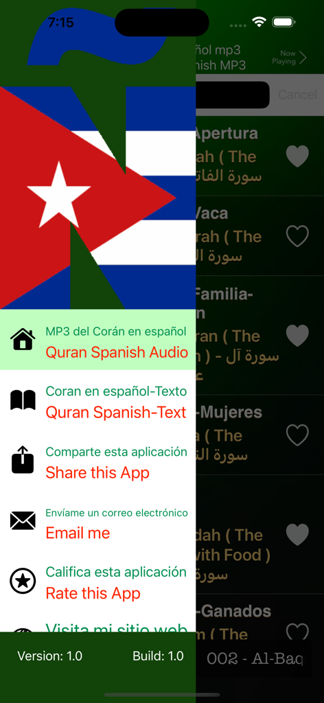 Menú de navegación lateral de la aplicación Corán en Español que muestra opciones de audio y traducciones de texto.