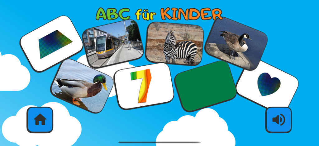 Lernkarteikarten mit Tieren, Zahlen und Formen in der deutschen App ABC für Kinder.