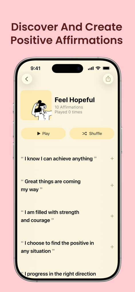 Gratitude: Self-Care Journal - Interface of the Gratitude app showing a playlist of positive affirmations titled Feel Hopeful