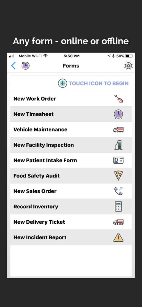 Interfaz de la aplicación Forms On Fire que muestra una lista de formularios móviles para órdenes de trabajo, inspecciones y hojas de tiempo