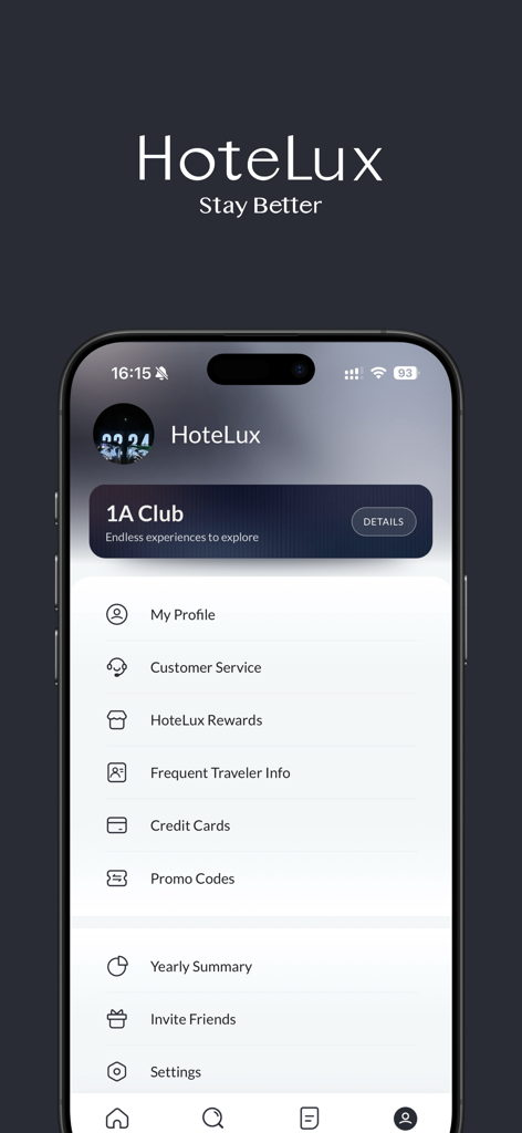 HoteLux: Stay Better - HoteLux app profile screen displaying 1A Club membership and user account menu options