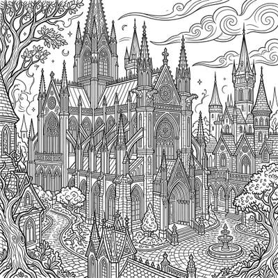 Discover the mystique of Gothic architecture with this incredibly detailed adult coloring page. Featuring a grand cathedral adorned with intricate spires and ornate patterns, it promises hours of mindful artistic engagement.