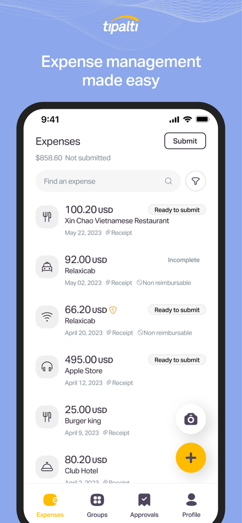 Interface do aplicativo móvel Tipalti Expenses mostrando uma lista de despesas de negócios com status de envio e um botão de captura de recibo