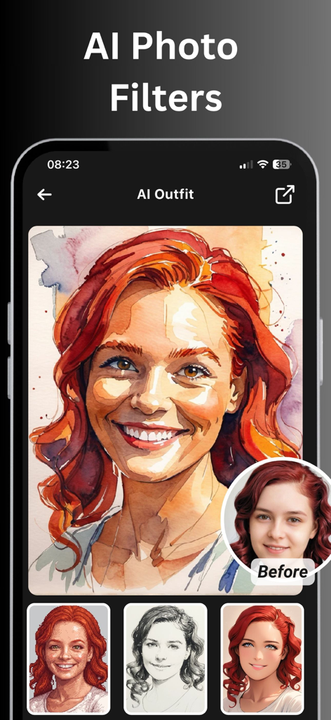 Interface of AI Style app showing various artistic photo filters applied to a portrait of a woman