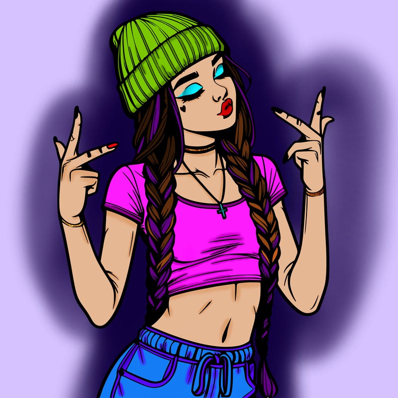 realistic teenage girl with braids and a beanie and crop top doing 🫶🏼
