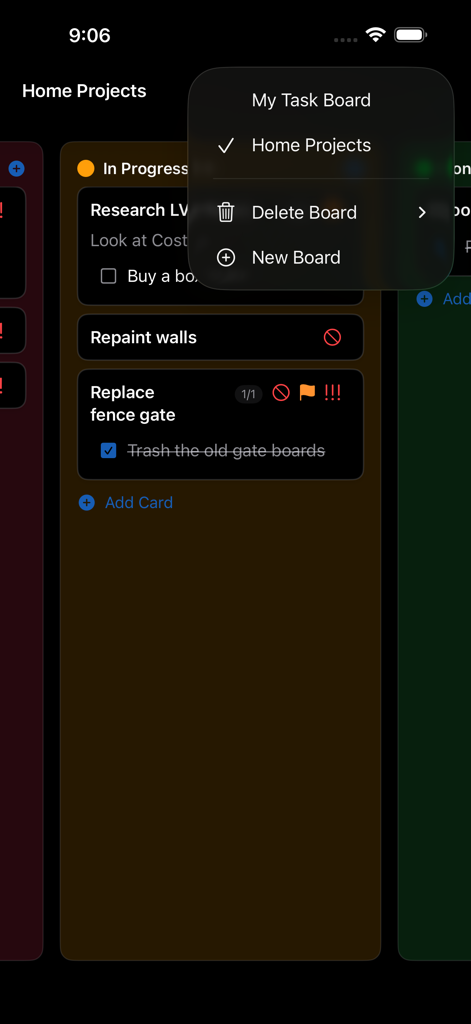 My Task Board - To Do Tracker - iPhone-App-Oberfläche von My Task Board, die eine Kanban-Aufgabenspalte und ein Board-Management-Menü anzeigt.