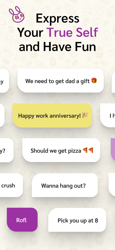Video Chat — Tokee - A collection of colorful chat bubbles with fun messages and emojis illustrating expressive communication in the Tokee app.