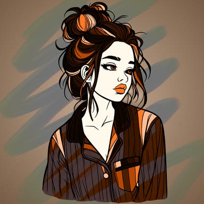 realistic woman with pajamas on and a messy bun
