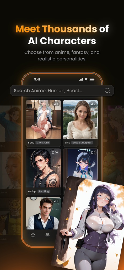 Interface of the Foxy app displaying various anime and realistic AI character profiles available for chat.
