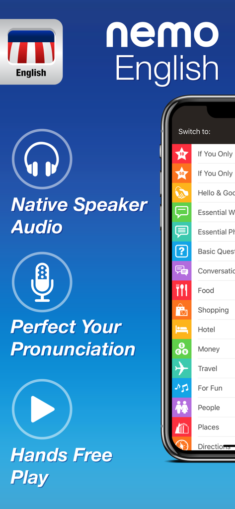 Nemo American English app interface highlighting native audio and pronunciation features.