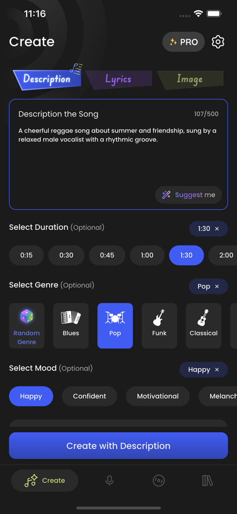 Melofy - AI Music Maker - Interface of the Melofy app showing how to create a song with a text description, genre, and mood