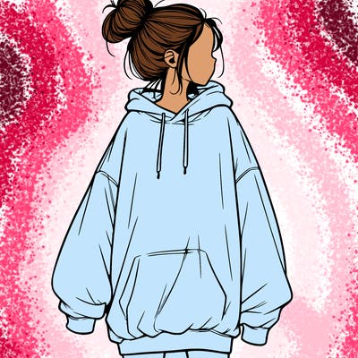 realistic girl with a oversized sweatshirt on and a bun