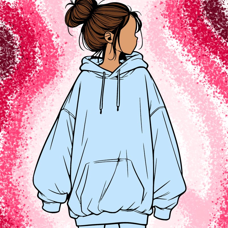 realistic girl with a oversized sweatshirt on and a bun