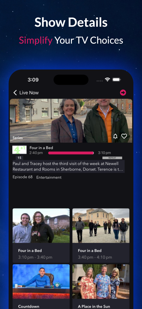 A mobile screen showing detailed information for a British TV show including episode descriptions and upcoming broadcast schedules.