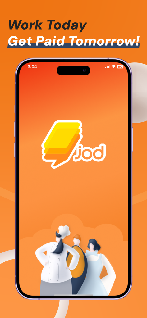 Jod mobile app splash screen featuring the text Work Today Get Paid Tomorrow and illustrated worker characters
