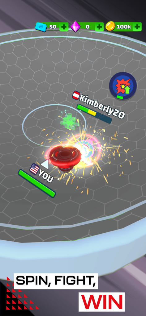 Gameplay screenshot showing two spinners clashing in a battle arena with sparks and health bars