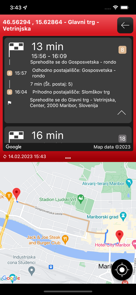 M mobilnost app interface showing a 13 minute transit route and map for Maribor Slovenia