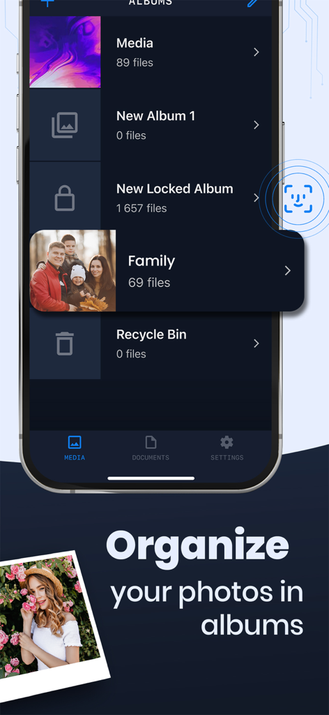 Photo Vault - SmartSafe - Interfaz de la aplicación SmartSafe mostrando álbumes de fotos organizados con funciones de bloqueo seguro.