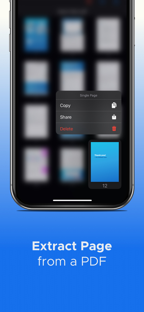 PDF Merge + Scan & Split Pages - A mobile phone screen showing the page extraction feature of a PDF management app with options to copy share and delete pages.
