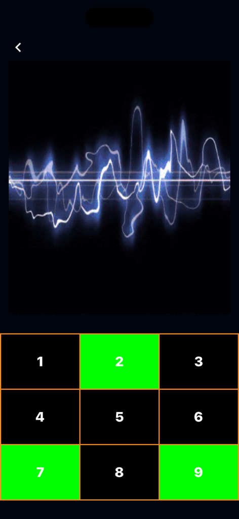 Siren & Air Horn Sounds - Una interfaz de app móvil mostrando una caja de resonancia con cuadrícula numerada y un gráfico de onda de audio azul