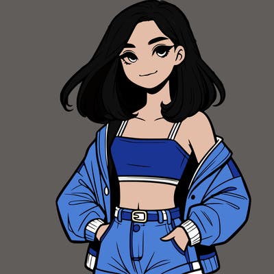 a realistic girl with a crop top and short shorts in an open jacket