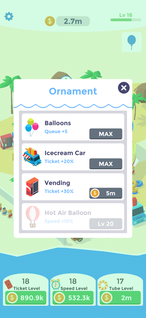Idle AquaPark - Menu de atualização de ornamento em Idle AquaPark mostrando bônus de balão e carro de sorvete