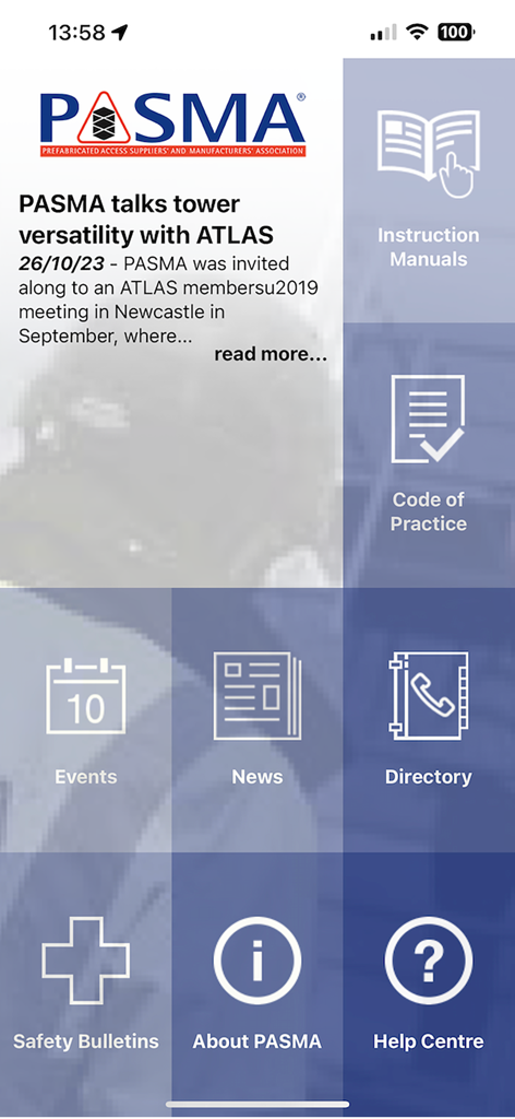 PASMA - PASMA mobile app home screen showing safety resources and industry news