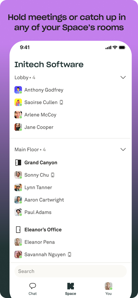 Aplicativo móvel Kumospace mostrando uma lista de salas de escritório virtuais e membros ativos da equipe