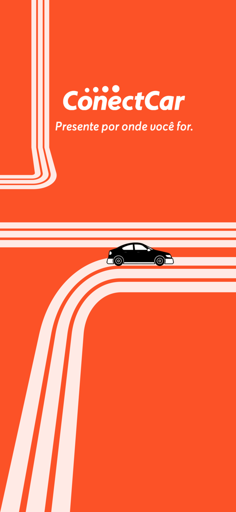 ConectCar: Tag, benefícios e + - ConectCar app welcome screen with logo and a car on stylized road lines over an orange background