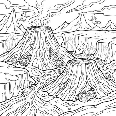 Unleash your creativity with this epic Halloween coloring page featuring a dramatic subglacial lava landscape. Discover spooky volcanoes adorned with jack-o'-lanterns, flying witches, and playful ghosts ready for your vibrant colors.