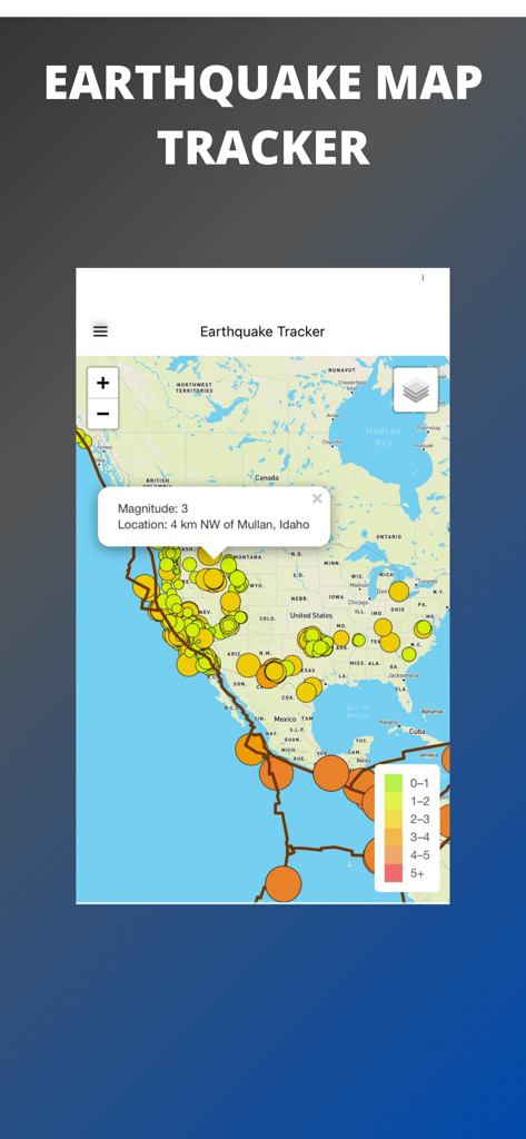 Earthquake Map Tracker - Interfaz de la aplicación Rastreador de Mapas de Terremotos que muestra la actividad sísmica y las magnitudes de los terremotos en un mapa de América del Norte