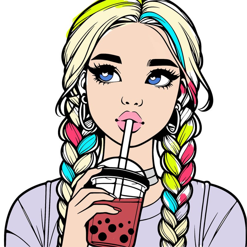 realistic girl with braided hair drinking boba